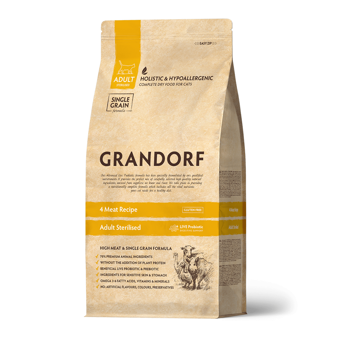 GRANDORF CAT Adult Sterilised для кошек 4 вида мяса 2 кг