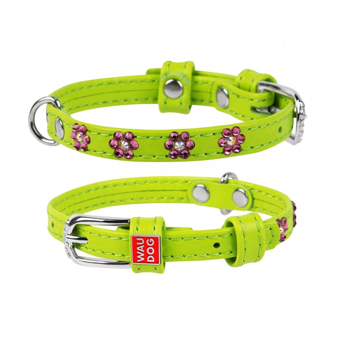 Ошейник WAUDOG кожаный с клеевыми стразами Цветочек 0,9х18-21см QR-паспортом салатовый