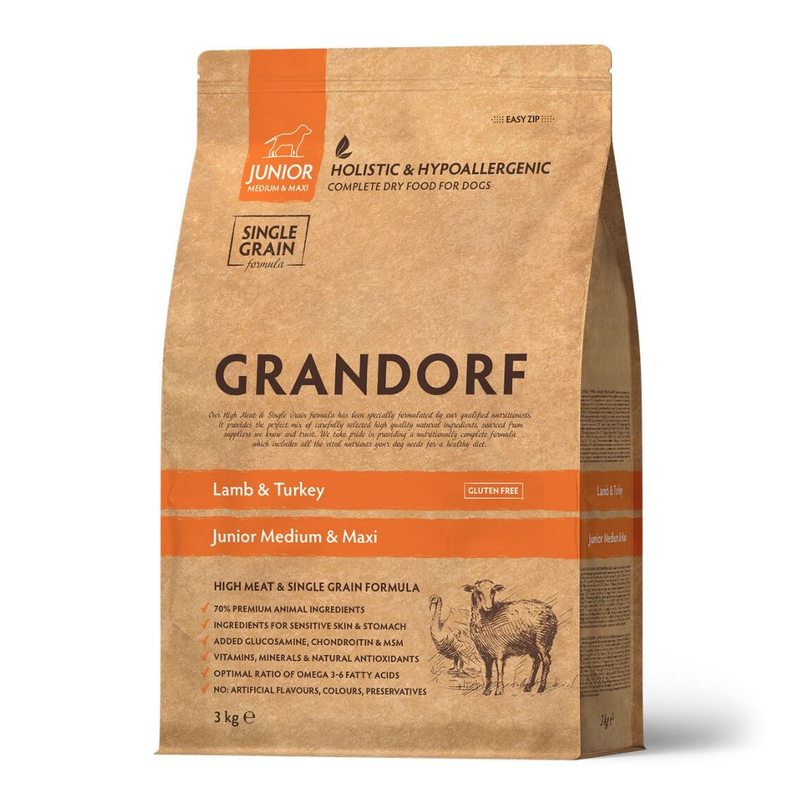 GRANDORF DOG Junior Medium&Maxi для юниоров средних и крупных пород Ягненок индейка 3 кг(холистик)