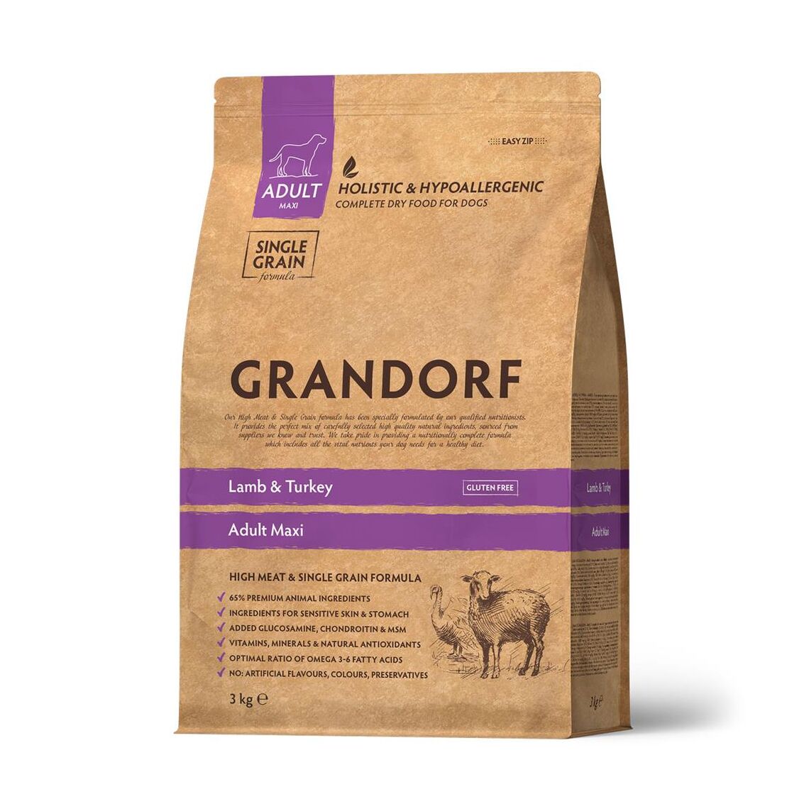 GRANDORF DOG Adult Maxi для собак крупных пород Ягненок с индейкой 3 кг (холистик)