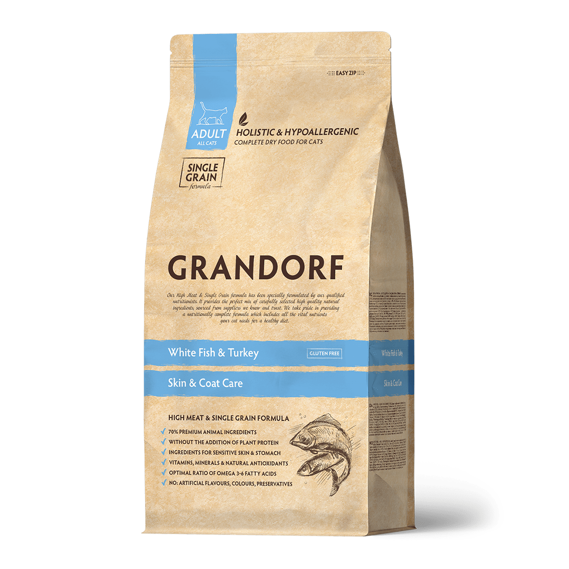 GRANDORF CAT Adult Indoor для кошек Белая рыба с индейкой 2 кг