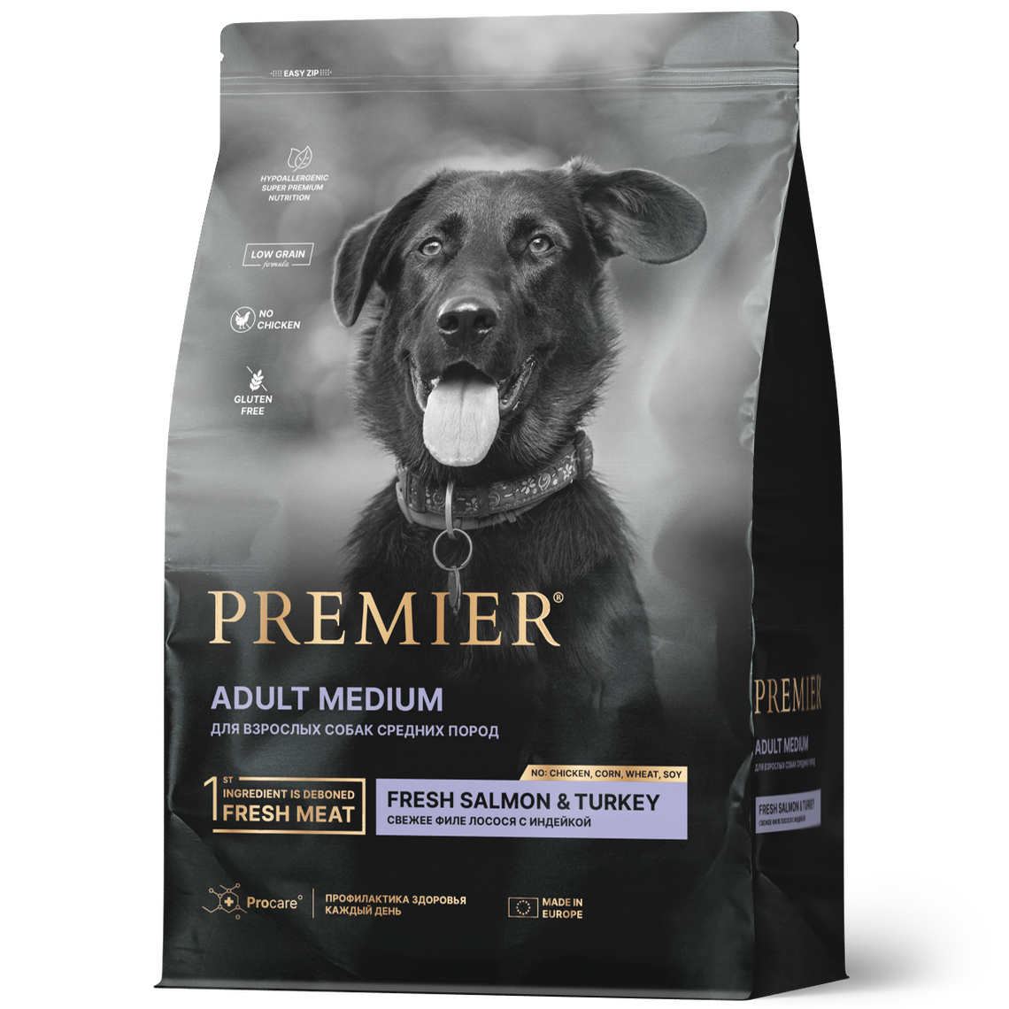 PREMIER DOG Adult Medium для собак средних пород Свежее филе лосося с индейка 3 кг