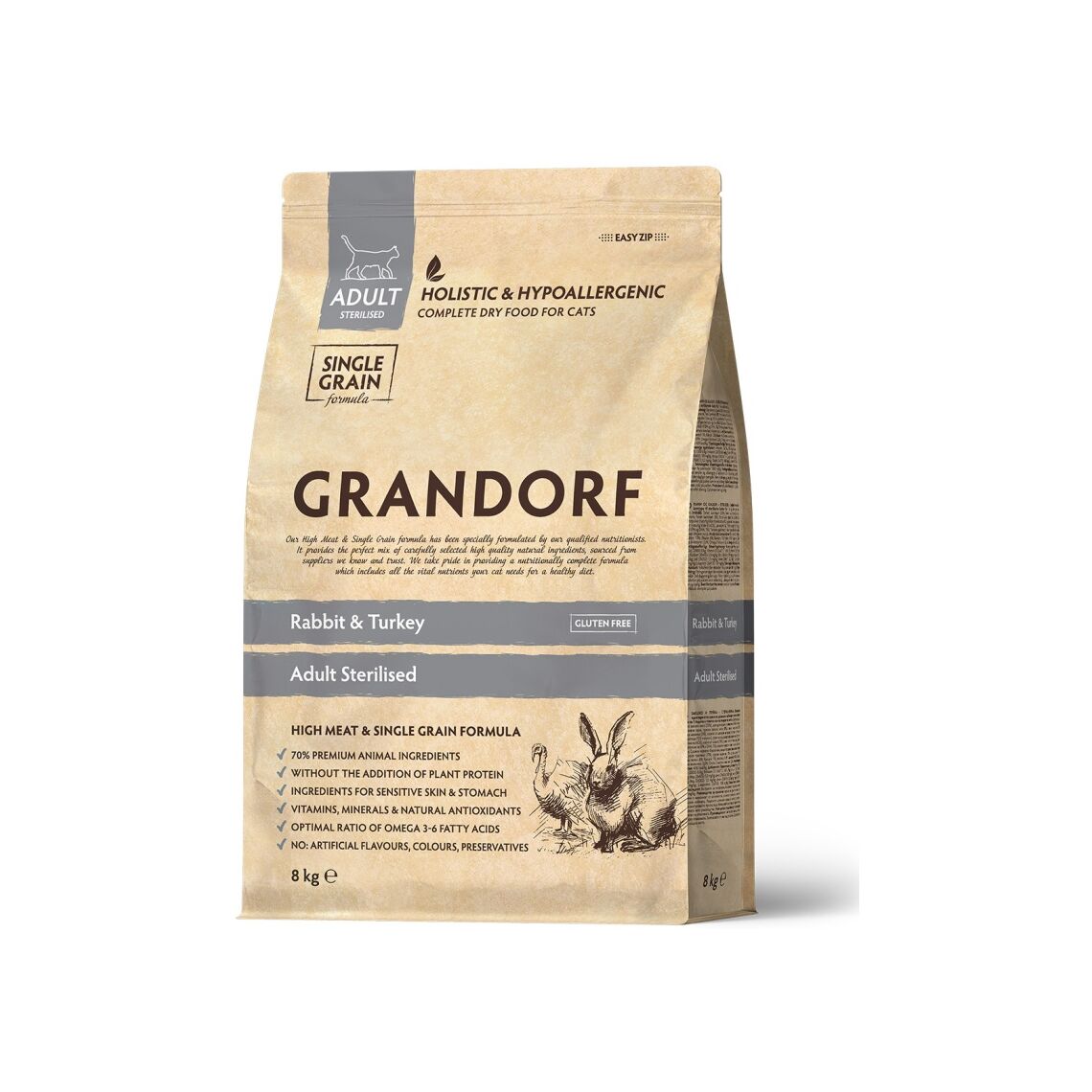 GRANDORF CAT Adult Sterilised для кошек Кролик индейка  8 кг